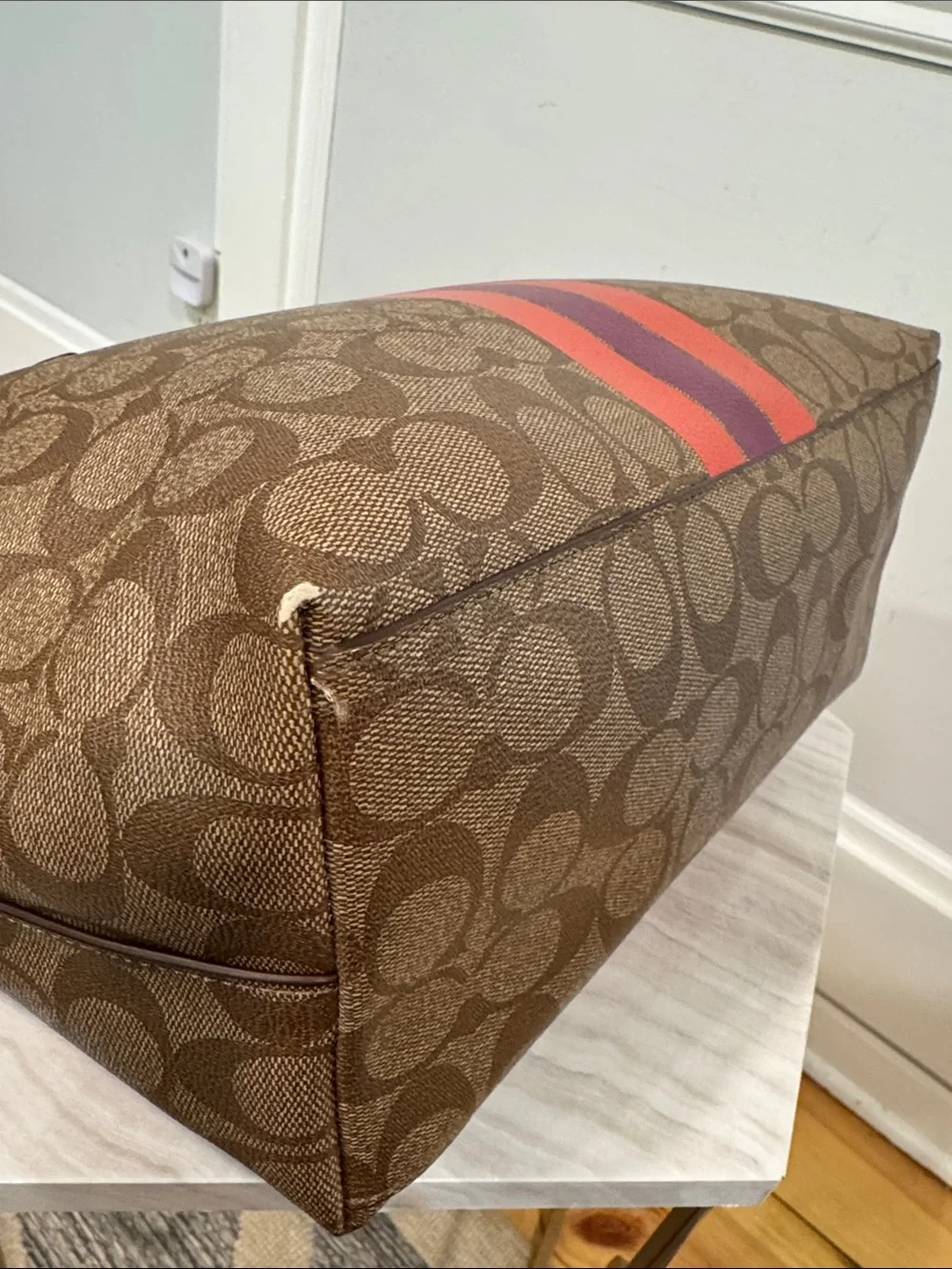 Coach Bag Signature Varsity City Zip Brown Tote with Logo Signature Stripe
